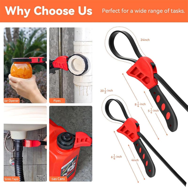 SavvyFIX 2-Pack Adjustable Rubber Strap Wrench Set – 25.20" & 20.48" Heavy-Duty Strap Wrench for Oil Filter, Jar Opener, Water Filter, Plumbing, Sink, Faucet – Non-Slip Multipurpose Wrench Tool (Red) - Image 2